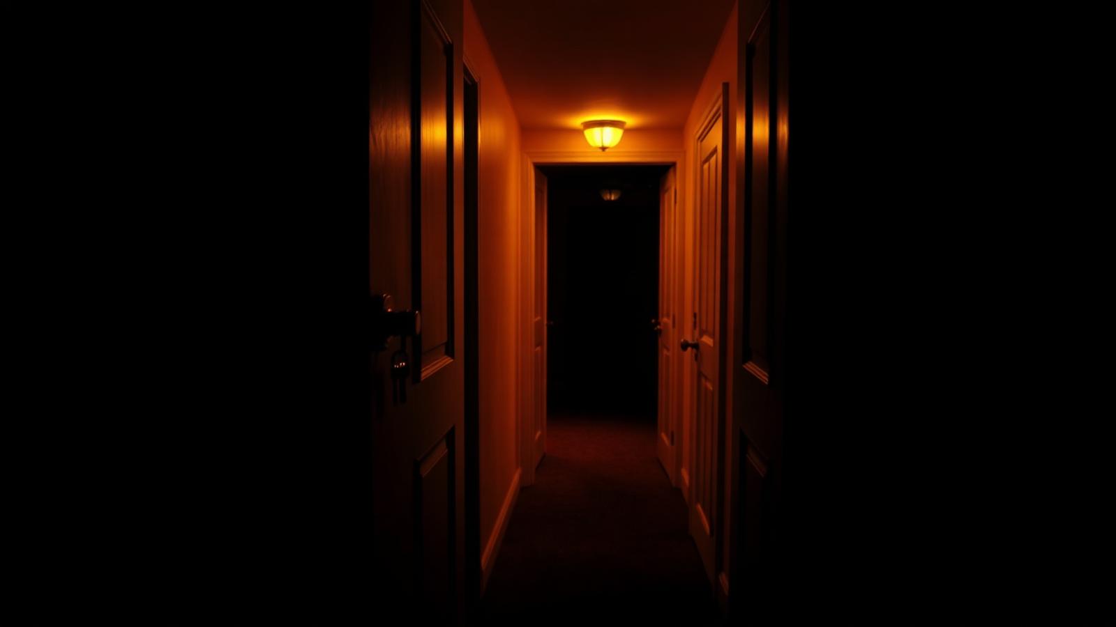 Empty apartment doorway lit by warm amber light at night, keys missing